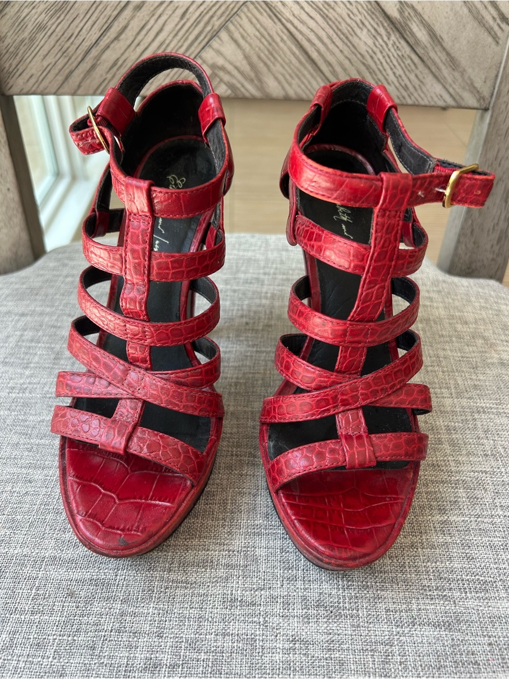 Elizabeth and James Red Croc-Effect Strappy Heels